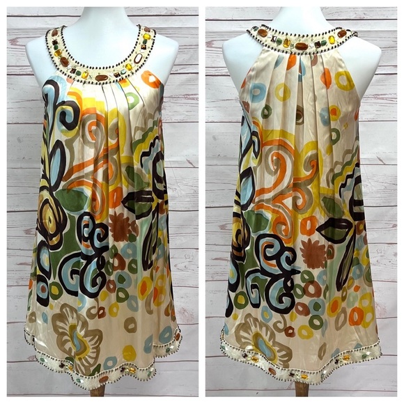 Vintage Sue Wong Retro Mod Abstract Silk Beaded Swing Cocktail Formal Dress - Picture 1 of 12